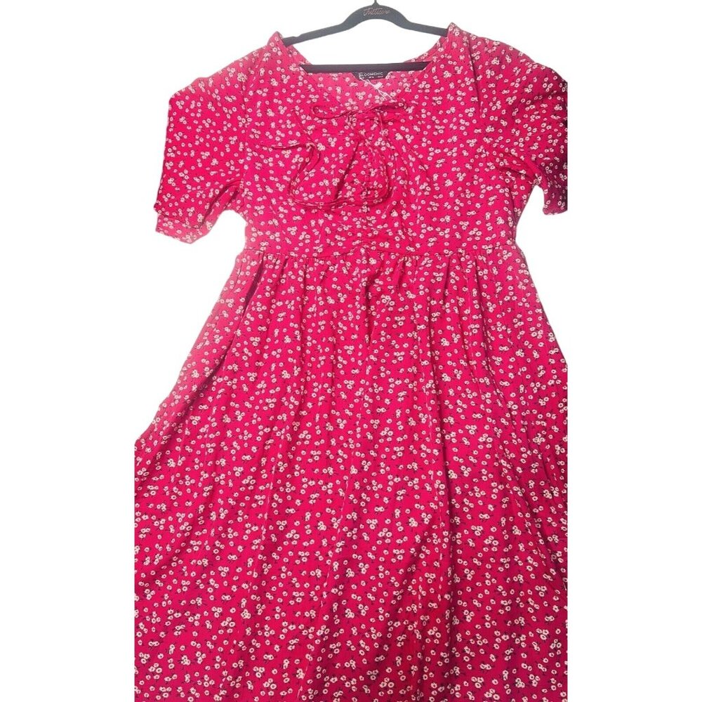 Bloomchic Rose Red Floral Dress Tie v-neck Pockets Below Knee Flare Sleeves 12 - Picture 3 of 6